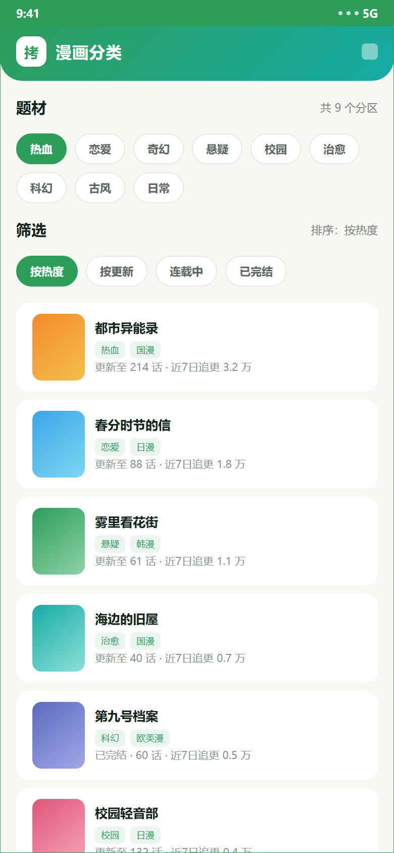 拷贝漫画分类页示意:题材标签、排序切换与作品列表